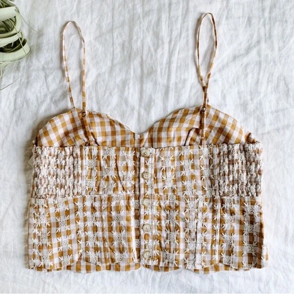 Anthropologie Maeve Gingham Crop Top EUC Embroidered Floral Smocked Tank Corset - Picture 6 of 11